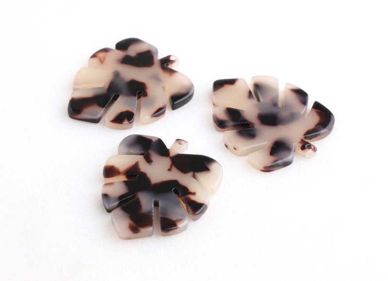 2 Tropical Monstera Leaf Findings, Blonde Tortoiseshell, Cellulose Acetate, 30 x 24.25mm