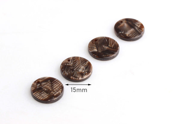 4 Small Circle Blanks with Bark Texture, Faux Wood Beads, Brown Acetate Charms, Wood Grain Texture, Dark Brown Tortoise Shell, CN075-15-BR01