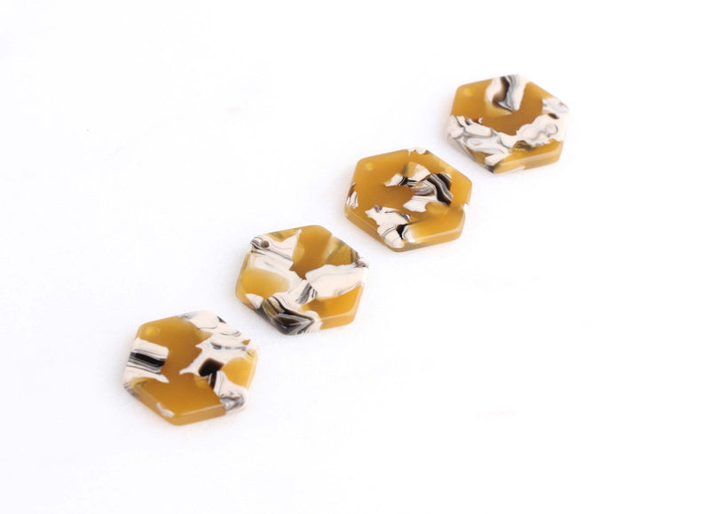 4 Small Hexagon Charms, Geometric Honeycomb Shape, Sunflower Yellow Tortoise Shell, Acetate, 17.25 x 15.5mm