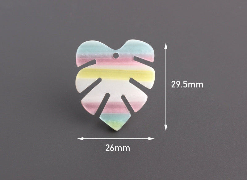 2 White Monstera Leaf Charms with Pastel Rainbow Stripes in Blue, Yellow and Pink, Cellulose Acetate, 29.5 x 26mm