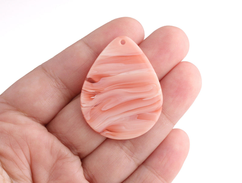 4 Big Teardrop Earring Charms, Coral Pink Marble, Pear Shaped, Acetate, 40 x 31.5mm