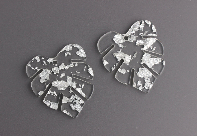2 Clear Monstera Pendants, Clear Resin Silver Flake, Palm Frond Charm, Transparent Acrylic Laser Cut Leaf, Monstera Dangles, FW035-39-CSF