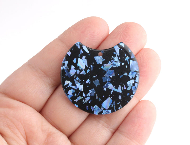 2 Black Acrylic Half Circle with Metallic Blue Foil, Glitter Acrylic Shapes, Resin Blue Flakes, Black Tortoise Shell Pendant, CN171-37-BKUF
