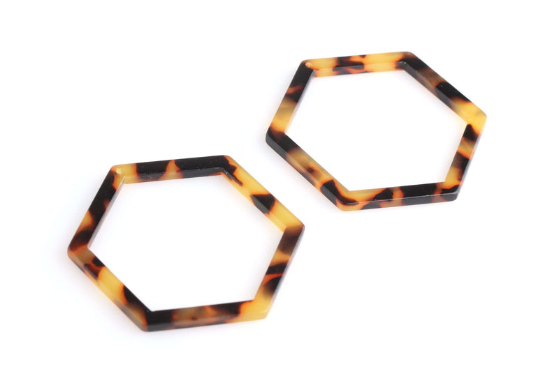 2 Large Hexagon Connectors Rings in Tortoise Shell, Imitation Turtle Shell, Cellulose Acetate, 45mm