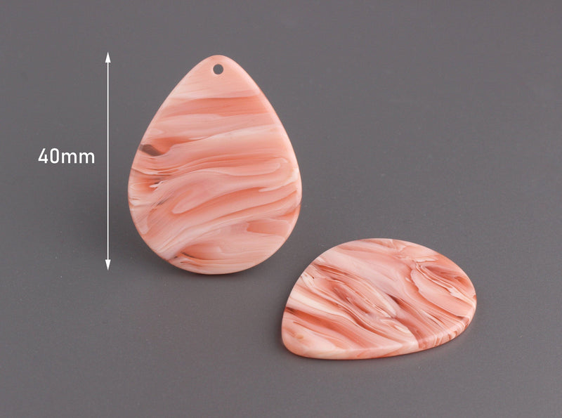 4 Big Teardrop Earring Charms, Coral Pink Marble, Pear Shaped, Acetate, 40 x 31.5mm