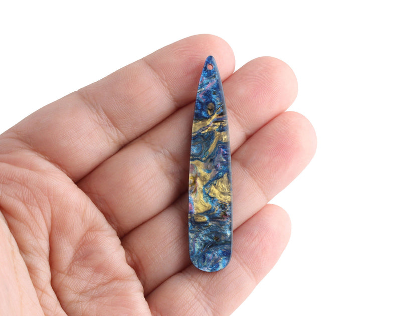 4 Long Teardrop Charms in Blue Gold Marble, Flat Focal Pendant, Resin Marble Jewelry Findings, Acrylic Pour Earring Blanks, TD052-54-IM05