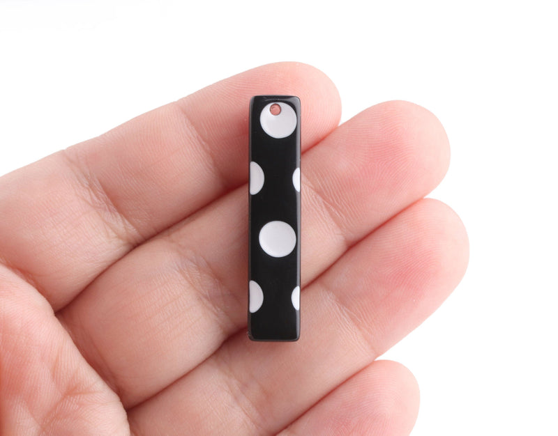 4 Rectangle Bar Charms, White and Black Polka Dots, Cellulose Acetate, 36 x 7.5mm