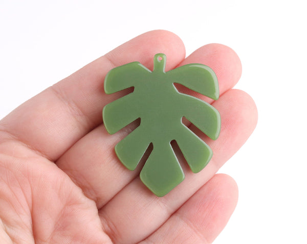 2 Olive Green Monstera Leaf Pendants, Cellulose Acetate, 43 x 35mm