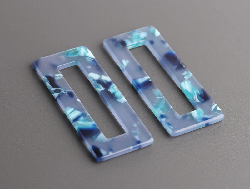 2 Resin Pendants in Blue Tortoise Shell, 50mm x 21.5mm, Transparent Blue Bead, Light Blue Acetate Finding, Open Rectangle Ring, DX094-50-U03