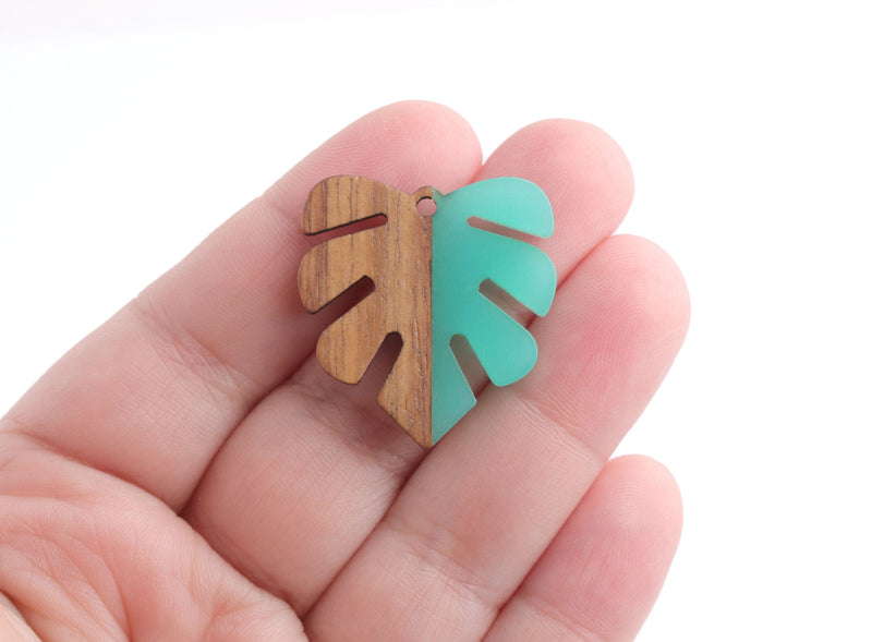 2 Turquoise Resin and Wood Leaf Charms, 30mm x 28mm, Color Block, 2mm Hole, Frosted Green Epoxy Resin Earrings Charm Parts, FW043-30-WDN