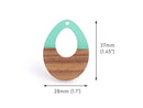 4 Teardrop Pendants with Green Epoxy Resin and Real Wood, 37 x 28mm