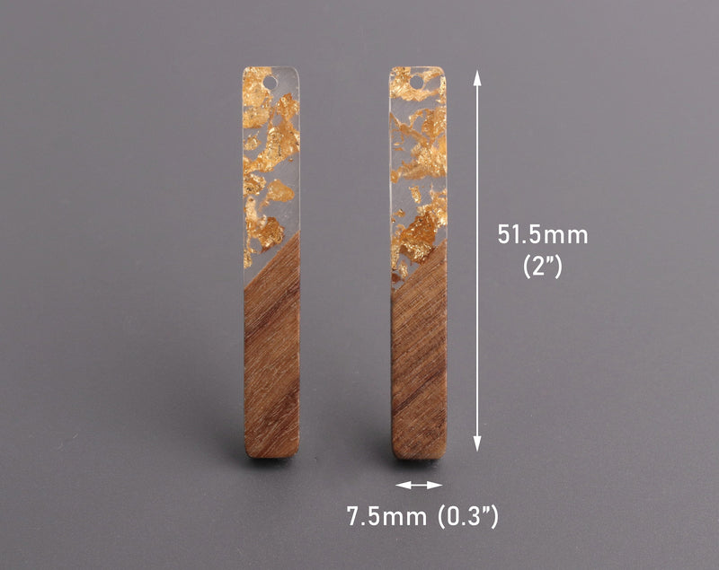 4 Wood and Resin Beads with Gold Foil Flakes, 51.5 x 7.5mm, Stick Earring Findings, Wood Resin Pendant, 2" Inch Bar Charms, BAR050-51-WDGF
