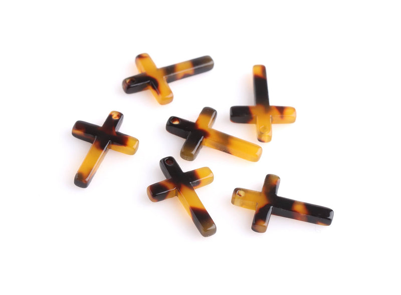 4 Tiny Cross Charms in Tortoise Shell, Faith Charms, Cellulose Acetate, 18.5 x 13mm