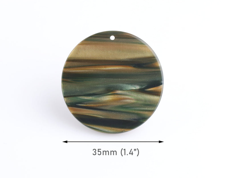 4 Sage Green Acrylic Circles with Drilled Hole, 1.4" Inch Earring Blank, Flat Resin Pendant, Dark Green Tortoise Shell Supply, CN255-35-GN07