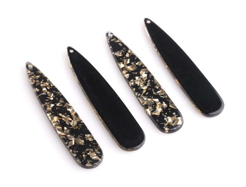 4 Black Teardrop Charms with Gold Foil Flakes, Laser Cut Acrylic, 54.5 x 11mm