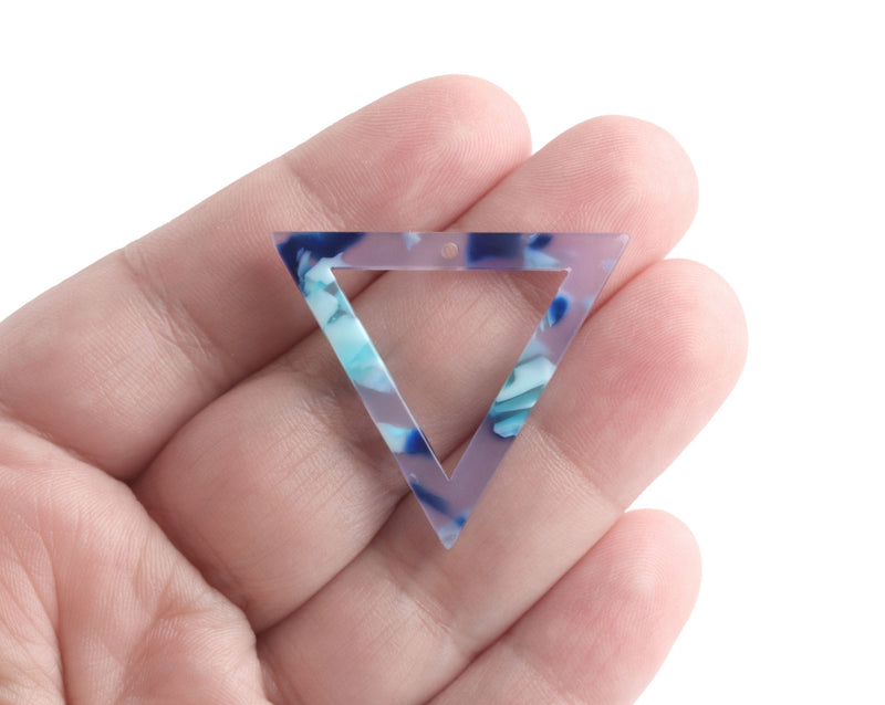 2 Geometric Pendants in White and Blue Marble, Blue Acetate Charms, Triangle Connectors, Blue Tortoise Shell Jewelry Supplies, TR026-35-U03