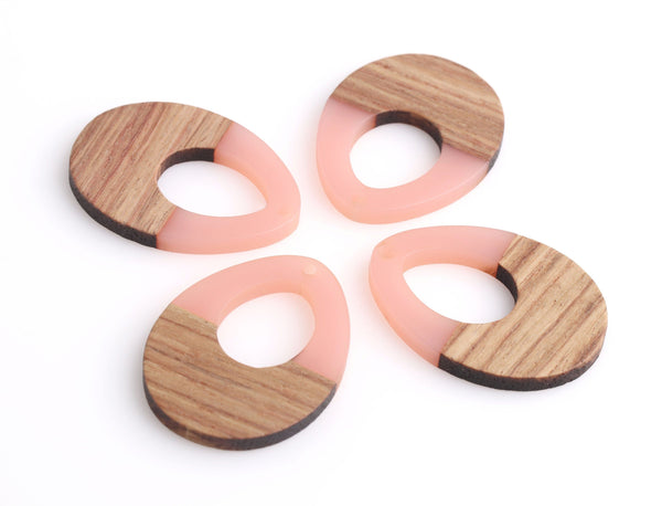 4 Light Rose Teardrop Pendants, Real Wood and Resin Beads, Translucent Pink, Color Block, 37 x 28mm