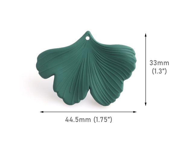 2 Forest Green Ginkgo Leaf Charms, Matte Green, Textured, Organic Plant Shape, Rubber Coated, 44.5 x 33mm