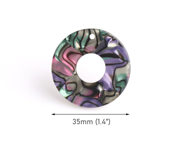 2 Infinity Circle Ring Pendants, Faux Abalone Shell with Green, Pink and Purple, Acrylic, 35mm