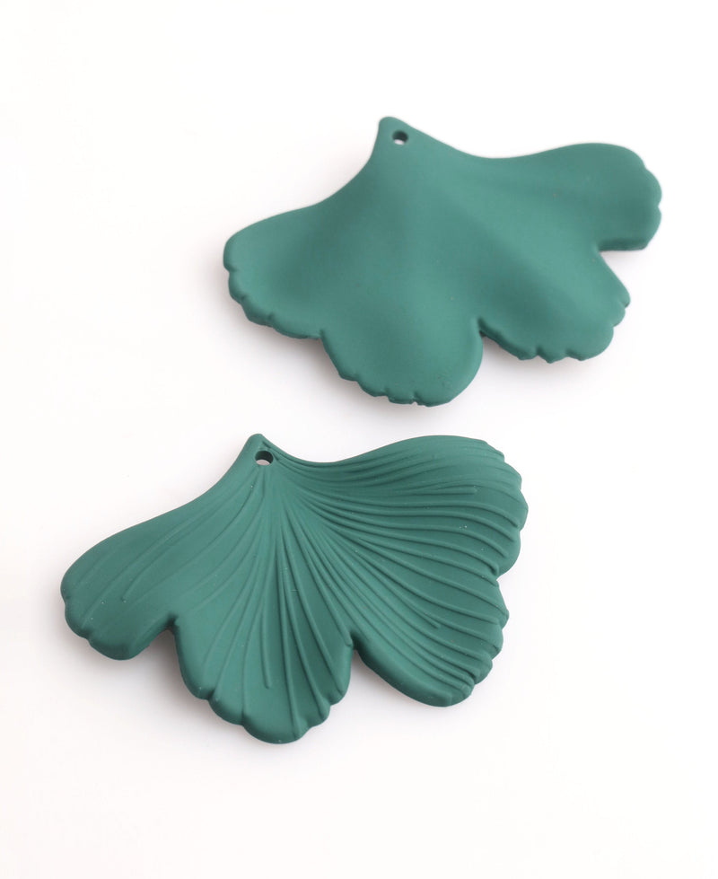 2 Forest Green Ginkgo Leaf Charms, Matte Green, Textured, Organic Plant Shape, Rubber Coated, 44.5 x 33mm