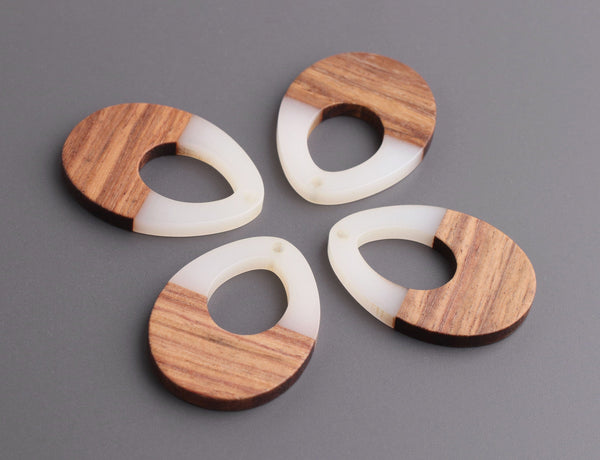 4 Large Teardrop Charms with Translucent White, Epoxy Resin and Real Wood Beads, Color Blocked, 37 x 28mm
