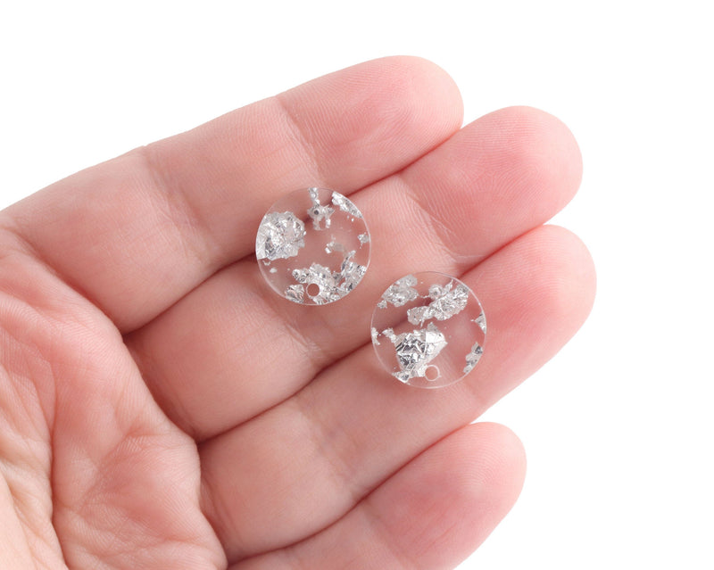 4 Clear Acrylic Earring Parts with Silver Flecks, 15mm, Small Round Circle Studs with Hole, Dot Studs, Silver Foil Flakes, EAR090-15-CSF