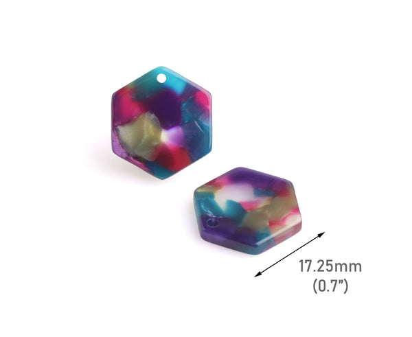 4 Hexagon Charms for Earrings, Mardi Gras Tortoise Shell, Green and Purple, Cellulose Acetate, 17.25 x 15.5mm