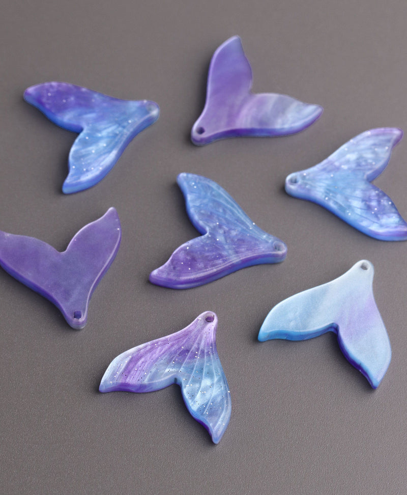 2 Acrylic Mermaid Tail Charms, Blue and Purple Ombre Marble, 19 x 18.5mm