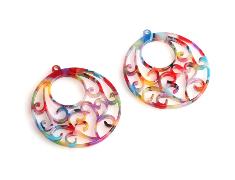 2 Round Filigree Pendants, Rainbow Confetti Colors, Cellulose Acetate, 40 x 38mm