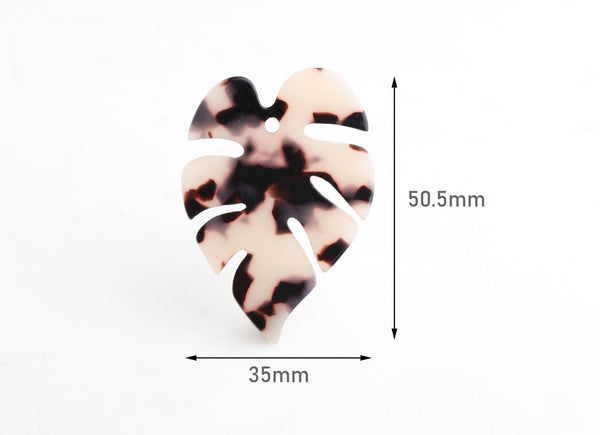 2 Large Palm Leaf Charms, 2mm Hole Size, Blonde Tortoise Shell, Cellulose Acetate, 50.5 x 35mm
