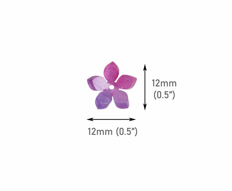 4 Tiny Blue and Purple Flower Bead Caps, 12mm, 1 Hole, Glittery Acrylic, Mini Daisy Beads