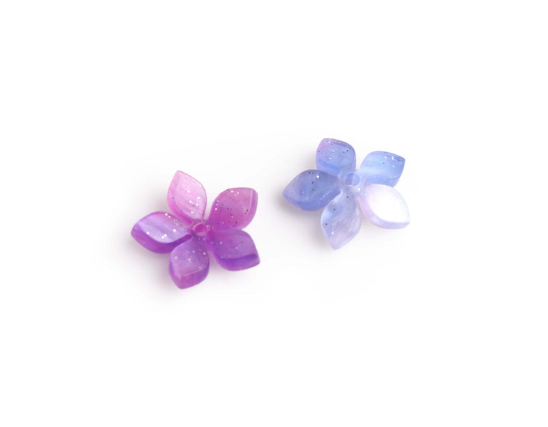 4 Small Blue and Purple Ombre Flower Beads, 18mm, 1 Hole Center Drilled, Acrylic Cabs