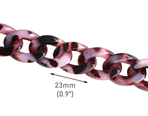 1ft Leopard Print Acrylic Chain Links in Red Brown, 23 x 17mm, Miami Curb Chain Twists, Colored Plastic Chain