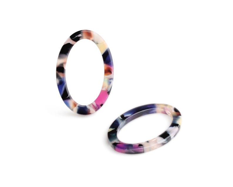 4 Multicolored Oval Ring Connectors, Undrilled, Rainbow Beads, Macrame Loops, Acetate Plastic, 33 x 22mm