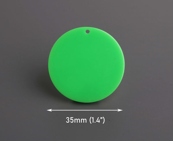 4 Neon Green Charms, 35mm, 1 Hole, Acrylic Plastic Beads, Flat Round Discs