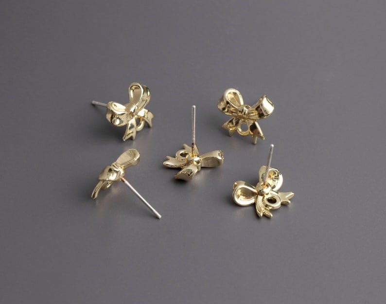 4 Gold Mini Bow Stud Earrings with Loop, Gold Tone Metal Alloy, Small Ear Studs with Hole, Tiny Dainty, 12.5 x 10mm