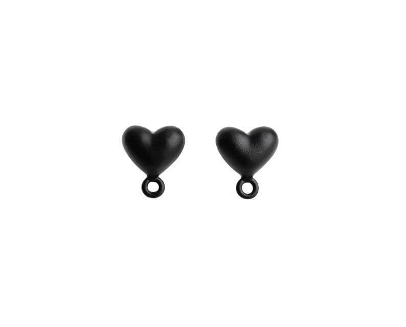 4 Matte Black Heart Ear Studs with Loop, Tiny Puffed Heart Earring Stud Findings, Metal Alloy, 0.5" Inch