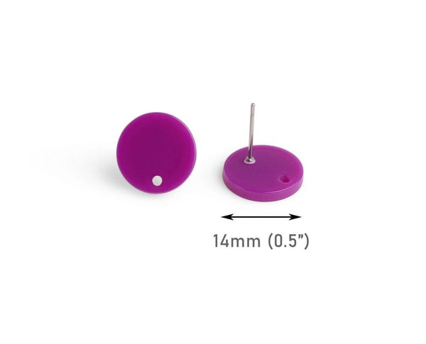 4 Neon Purple Earring Stud Blanks, 1 Hole, Acrylic Earring Posts, Round Circle Earring Findings, 14mm