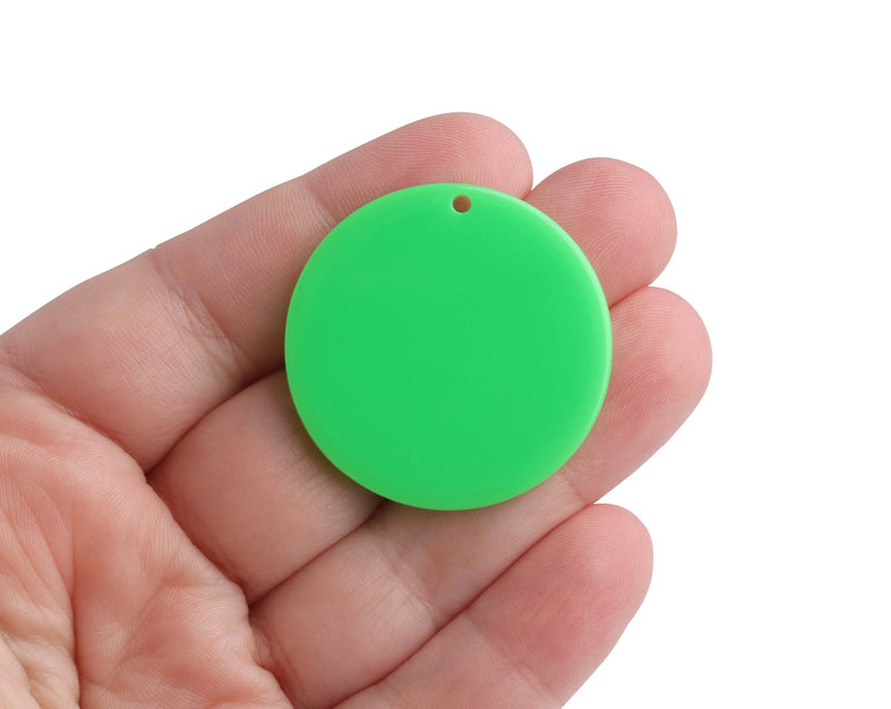 4 Neon Green Charms, 35mm, 1 Hole, Acrylic Plastic Beads, Flat Round Discs