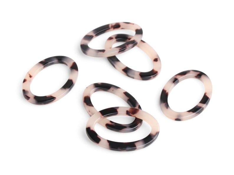 4 White Tortoise Shell Oval Ring Connectors, Undrilled, Loops for Macrame, Swimsuit and Purse Rings, Acetate, 33 x 22mm