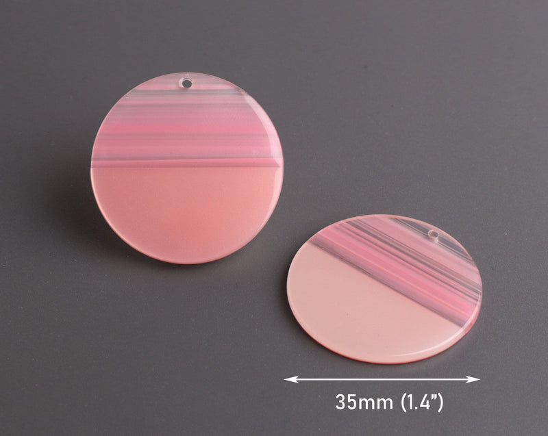 2 Two Tone Round Charms with Light Pink Stripes, 35mm, 1 Hole, Acetate Plastic, Large Coin Shape Pendant