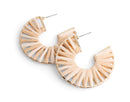 Gold Hoop Earrings with Beige and White Rattan, 1 pair, Big Hoops, Boho and Beachy, Wrapped Raffia