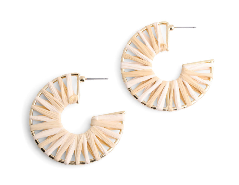 Gold Hoop Earrings with Beige and White Rattan, 1 pair, Big Hoops, Boho and Beachy, Wrapped Raffia