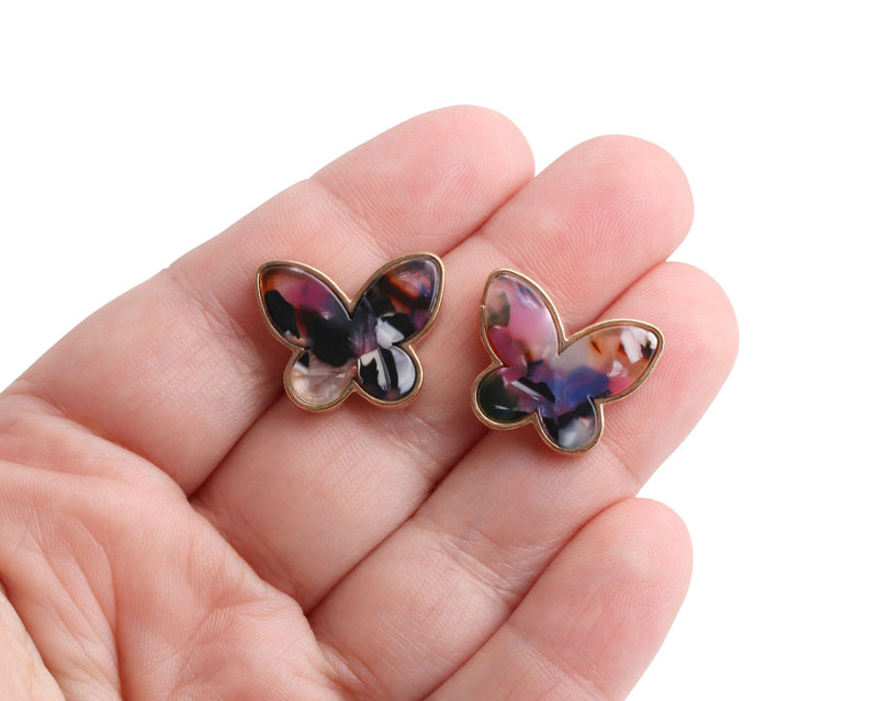Colorful Butterfly Stud Earrings with Gold Bezel, 1 Pair, Big and Chunky, Cute Post Studs