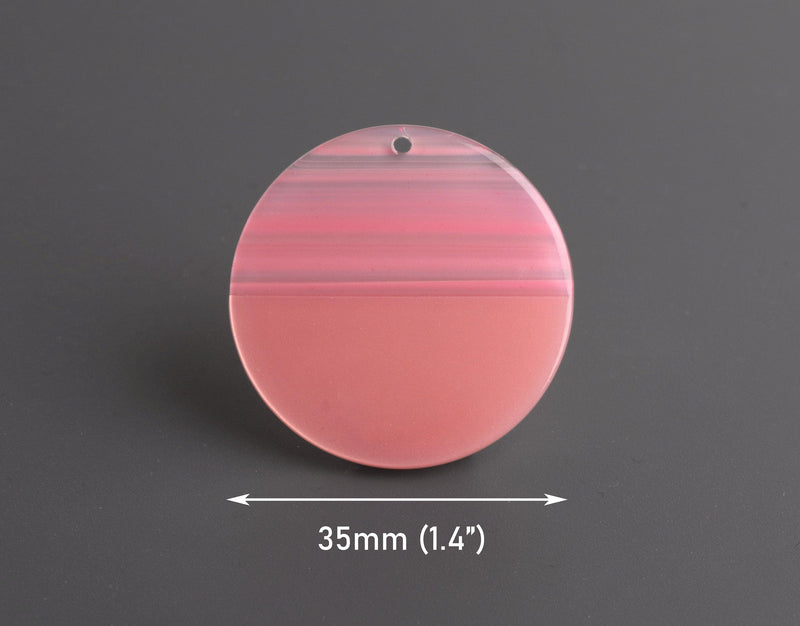 2 Two Tone Round Charms with Light Pink Stripes, 35mm, 1 Hole, Acetate Plastic, Large Coin Shape Pendant