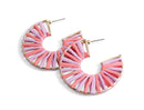 Gold Hoop Earrings with Light Pink and Purple Rattan, 1 pair, Big Hoops, Boho Beachy, Wrapped Raffia around Metal Hoops