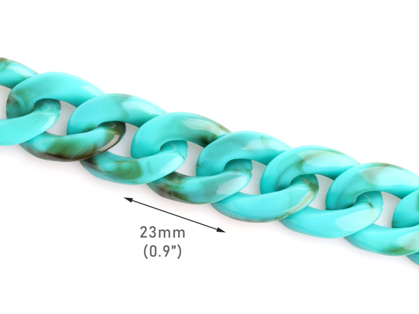 1ft Turquoise Green Acrylic Chain Links, 23mm, Marble, For Chunky Necklaces