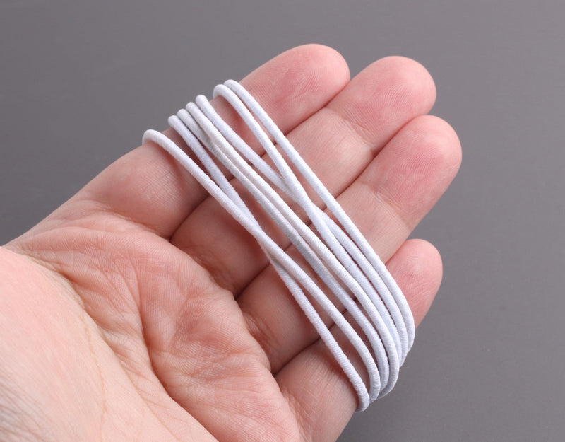 Round Elastic Cord 2mm, 5 Yards, Stretchy Cord, Braided Elastic Trim, One Continuous Length, Uncut White Elastic for Sewing