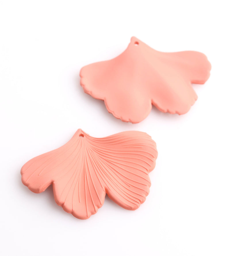 2 Coral Pink Ginkgo Leaf Charms, 1.75" Inch, Matte Pink Beads, Rubber Coated, Botanical Pendants, Jewelry Supply Parts, FW052-45-PK22
