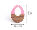 4 Hot Pink Teardrop Pendants, Color Blocked, Bright Pink Charms for Earrings, Real Wood and Resin, 37 x 28mm